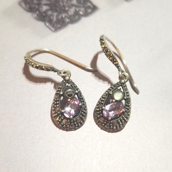 Vintage designer signed SLC 925 Sterling Amethyst Abalone Earrings - Picture 5 of 5